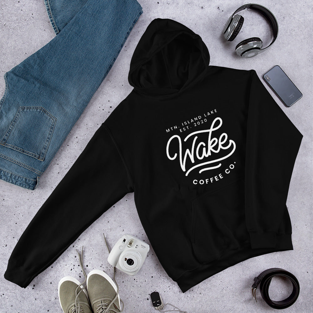 Mtn. Island Lake Wake Coffee Co. Black Hoodie, Unisex