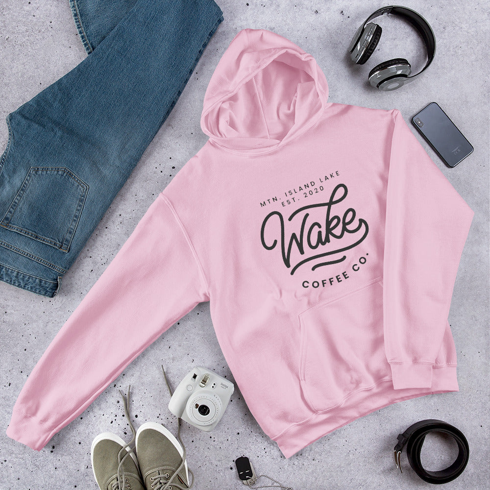 Mtn. Island Lake Wake Coffee Co.-White Hoodie, Unisex