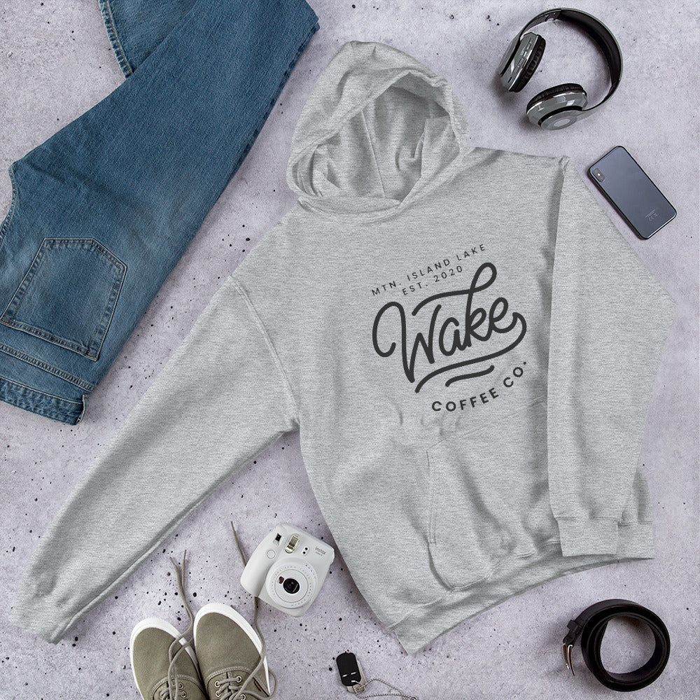 Mtn. Island Lake Wake Coffee Co.-White Hoodie, Unisex