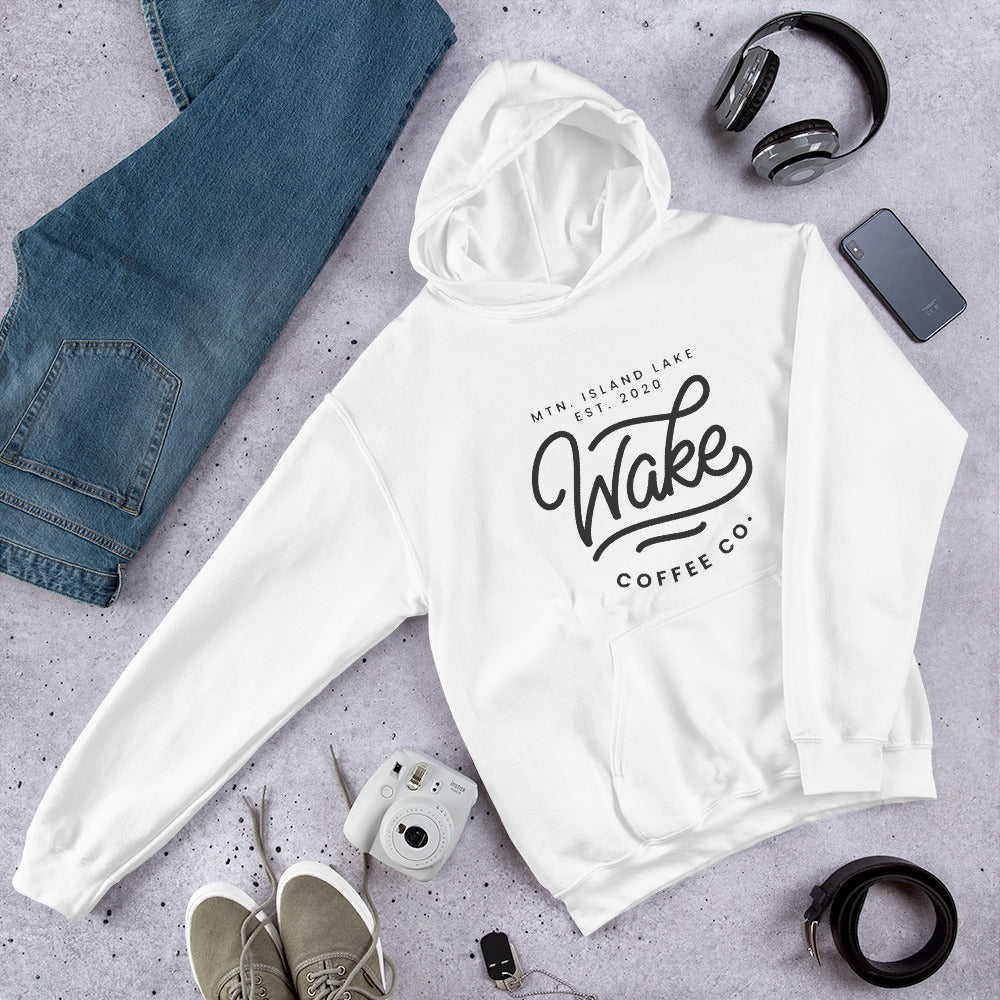 Mtn. Island Lake Wake Coffee Co.-White Hoodie, Unisex